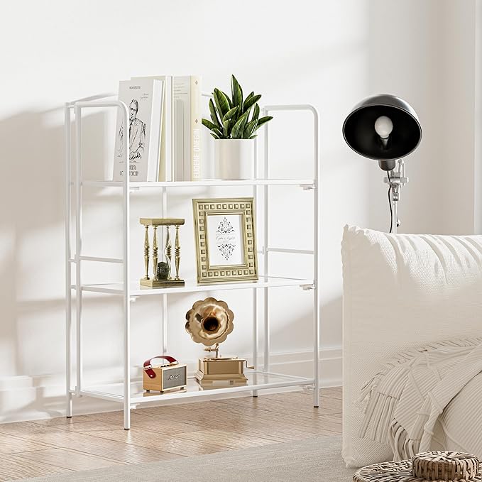 Crofy No Assembly Folding Bookshelf for Living Room, 3 Tier White Collapsible Book Shelf for Home Office, Portable Bookcase Storage Organizer