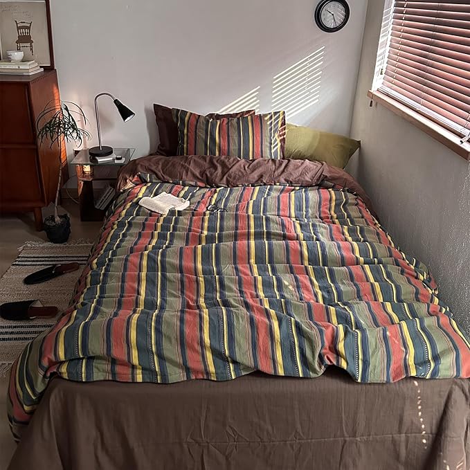VM VOUGEMARKET Multicolor Striped Duvet Cover Queen Size Washed Cotton Jacquard Stripes Bedding Duvet Cover Set - Cozy Stylish Bedding for Men & Women