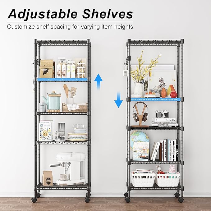 Homdox 5 Tier Wire Shelving Unit on Wheels, Adjustable Storage Racks and Shelving, Heavy Duty Rolling Metal Shelves with Side Hooks for Laundry Bathroom Kitchen Garage Pantry Organization, Black