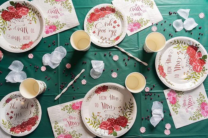 Bridal: From Miss to Mrs (Traditional Rose) Tableware Pack: Disposable Paper Plates, Napkins and Cups Set for 20