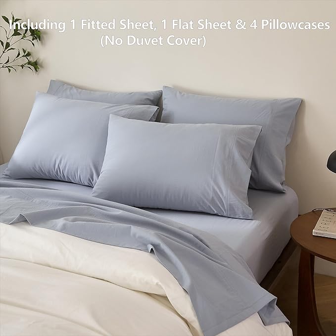 100% Cotton 6-Piece Queen Size 102" x 90" Bedding Set - Fitted Sheet, Flat Sheet & 4 Pillowcases with 17" Deep Pocket,Soft Breathable Bed Sheets for Cozy Sleep,Cornflower Blue