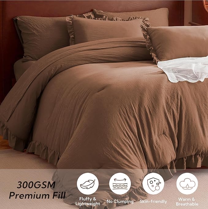MR&HM Full Ruffle Comforter Set Mocha Mousse, Farmhouse Shabby Chic Bedding Set, Boho Bed in a Bag Set 7 Pieces with 1 Comforter, 1 Flat Sheet, 1 Fitted Sheet, 2 Pillowcases & 2 Pillow Shams