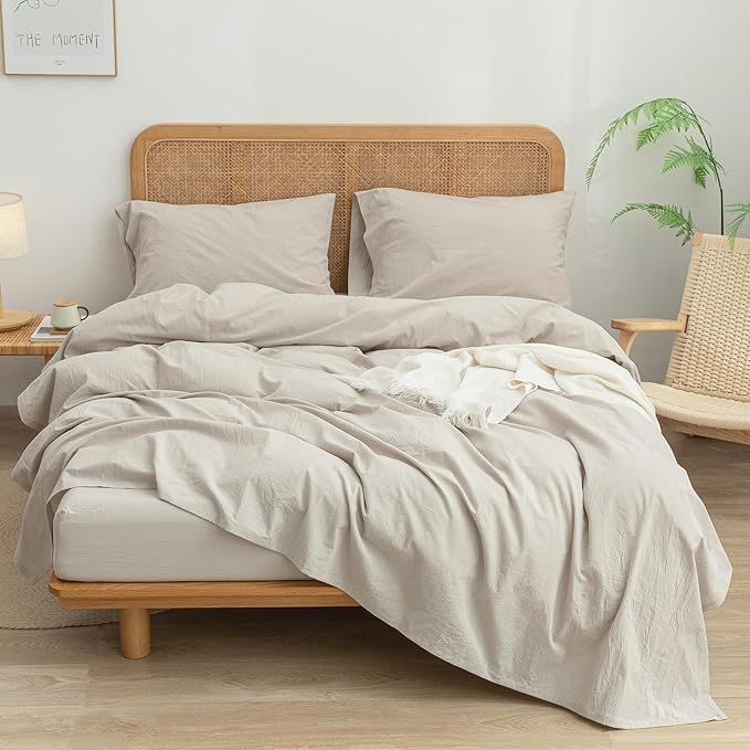BESTOUCH Sheet Set 100% Washed Cotton Linen Feel Super Soft Comfortable Chic Lightweight 4 Pcs Home Bedding Set Solid Linen Grey Full