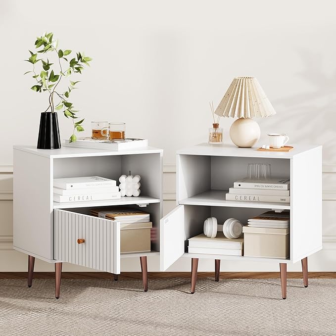 White Night Stand Set 2,Modern Bedside Table with Door and Open Storage,Fluted Nightstand and Wood End Side Table with Rose Gold Metal Legs and Handles for Bedroom,Living Room,White