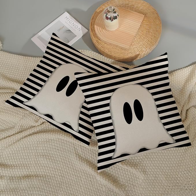 Halloween Pillow Covers 16x16 Set of 2 Cute Black Stripe Ghost Throw Pillow Covers Halloween Pillows Decorative Pillow Covers for Halloween Home Decoration Cushion Case for Couch Sofa Decor