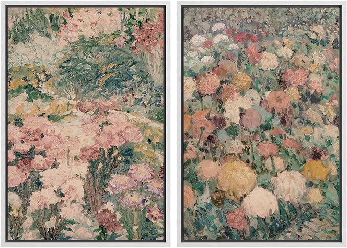 MUDECOR Framed Canvas Print Wall Art Impressionist Floral Garden Vintage Botanical Illustrations Modern Art Decorative Bohemian Colorful Chic for Living Room, Bedroom, Office - 24"x36"x2 White