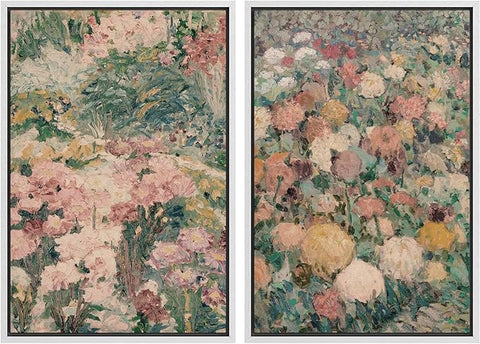 MUDECOR Framed Canvas Print Wall Art Impressionist Floral Garden Vintage Botanical Illustrations Modern Art Decorative Bohemian Colorful Chic for Living Room, Bedroom, Office - 24"x36"x2 White