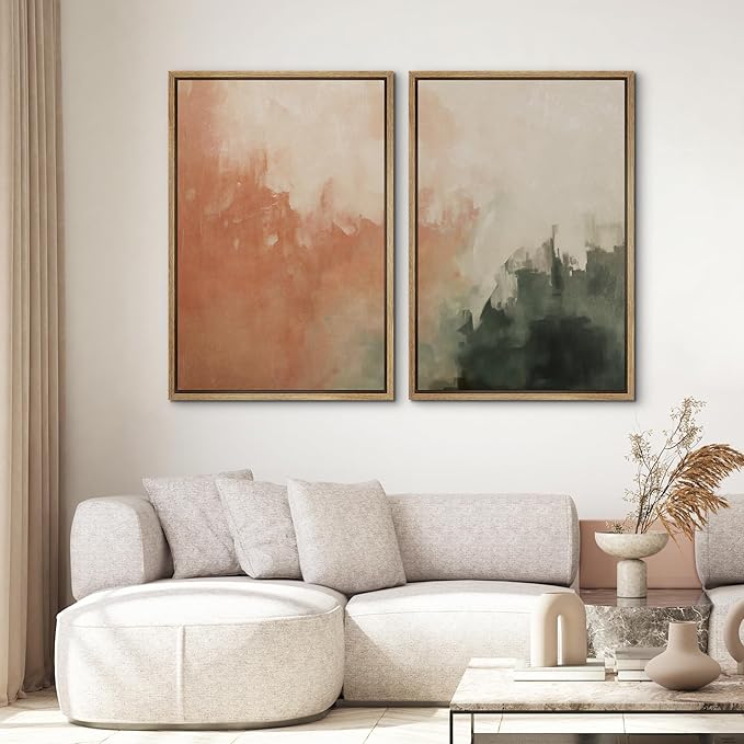 SIGNWIN Framed Canvas Print Wall Art Set Color Fade Abstract Landscape Earthy Terracotta and Forest Green Illustrations Modern Minimal Decorative for Living Room, Bedroom, Office - 24"x36"x2 Natural
