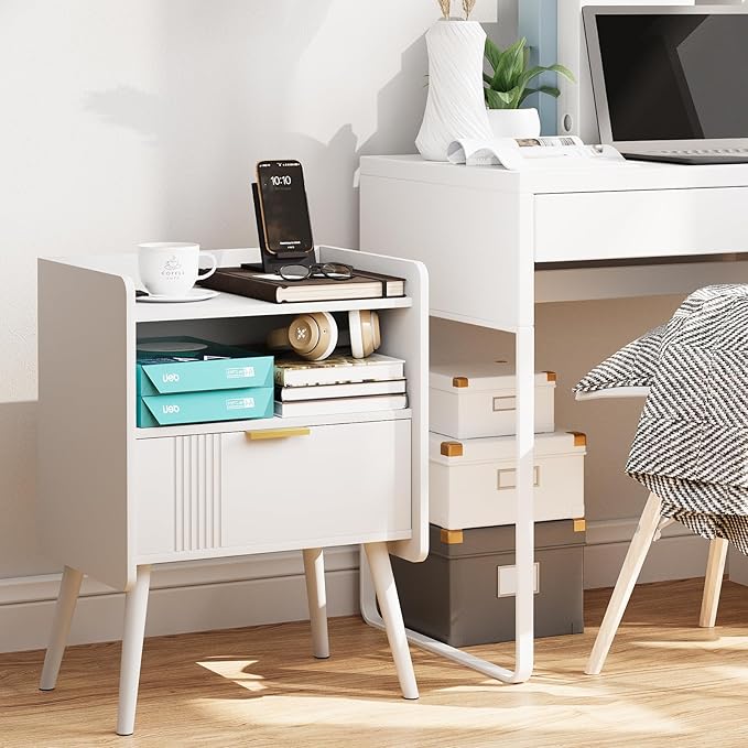 Night Stand Modern End Table with Storage Drawer and Open Shelf, Small Bedside Table, Wooden Sofa Side Stand for Bedroom,Study Room and Small Spaces (White)