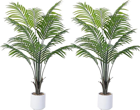 Artificial Areca Palm Tree 4FT Fake Potted Plant 2 Pack Faux Silk Tropical Areca Palm with 12 Trunks & Real Bark Design, Large Aritificial Plant in Pot for Home Living Room House Warmming Floor Decor