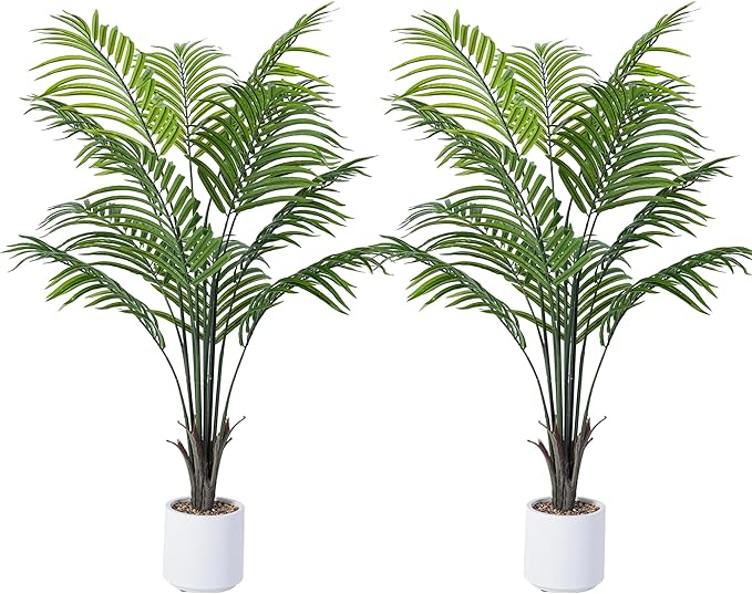 Artificial Areca Palm Tree 5FT Fake Potted Plant 2 Pack Faux Silk Tropical Areca Palm with 15 Trunks & Real Bark Design, Large Aritificial Plant in Pot for Home Living Room House Warmming Floor Decor