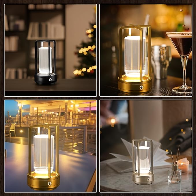 Portable Metal Table Lamp, Cordless Table Lamp, Rechargeable Battery Powered Portable LED Desk Lamp, 3 Color Stepless Dimming Touch, for Bedroom Restaurant Home Outdoor (2 Set of Black)