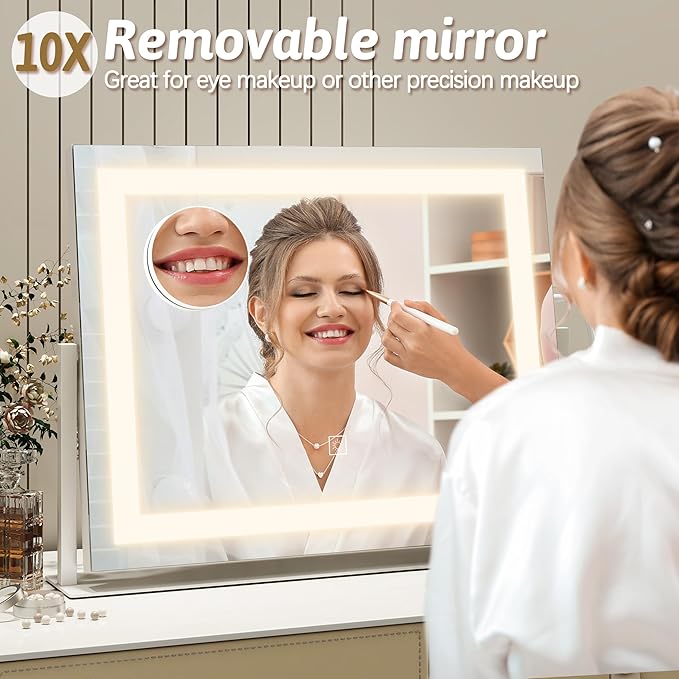Vanity Mirror with Lights 22"x18", Lighted Makeup Mirror with 10X Magnification, Smart Touch 3 Colors Dimmable, 360° Rotation, Women Gift, Dresser Mount, Bathroom (White)