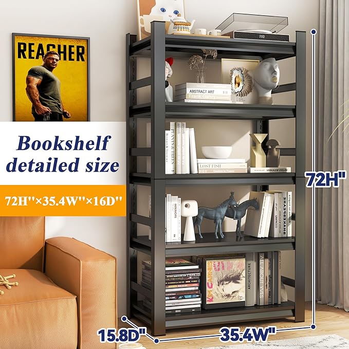 Tall Bookshelf with Open Shelves, Metal Office Book Shelf, Adjustable Organizer Bookcase, Standing Storage Organizer Shelf for Living Room (35.4" W*15.8" D*72" H)
