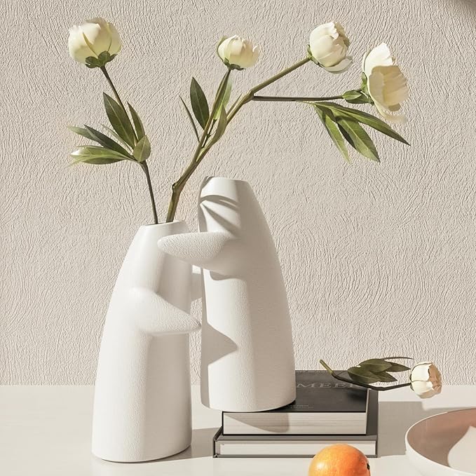 Hugging Flower Vases for Bouquet, 2 Pack White Ceramic Vases for for Centerpieces Home Decor Accents Terracotta Vase for Table Entryway Bookshelf Living Room