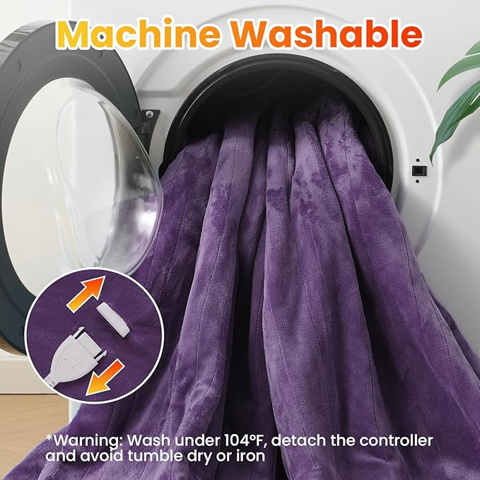 WOOMER Electric Heated Blanket Queen Size, Soft Flannel Fast Heating Blanket, Purple Color, 84"x 90", 10 Heating Levels & 0.5-12H Auto Off, Over-Heat Protection