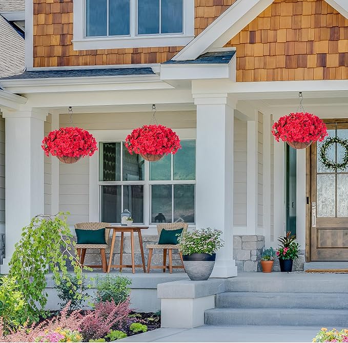 Artificial Fake Hanging Flowers for Outdoors with Basket Faux Plants Silk Bougainvillea Flower in Planter Look Real UV Resistant Faux Flower for Outside Porch Patio Garden Yard Home Decor, Red