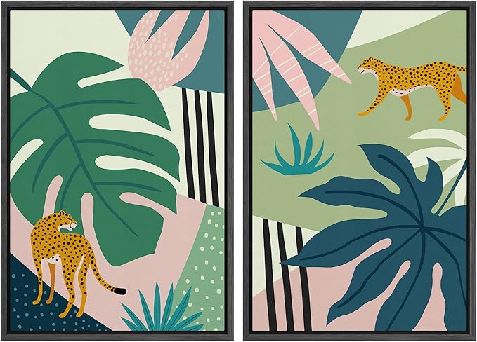 MUDECOR Framed Canvas Print Wall Art Jungle Cheetahs with Tropical Monstera Leaves Abstract Shapes Illustrations Modern Bohemian Nature Colorful for Living Room, Bedroom, Office - 16"x24"x2 Black