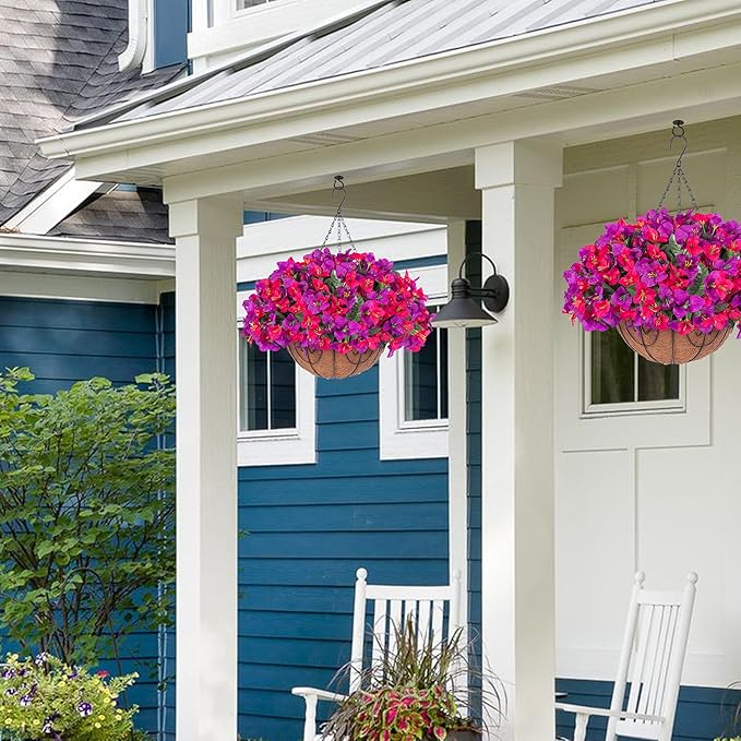 Artificial Hanging Flowers Plant with Basket for Outdoors, Fake Hanging Plants Silk Bougainvillea in Planter Look Real UV Resistant Faux Flower for Outside Porch Patio Garden Home Decor, PurpleHotpink