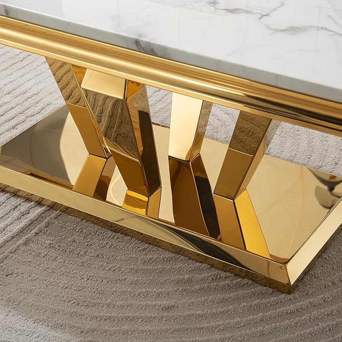SSLine Rectangular Faux Marble Coffee Table for Living Room Modern Luxury White Marble Center Table with Gold Diamond Base 46.8" Mid-Century Cocktail Table with Mirrored Stainless Steel Frame