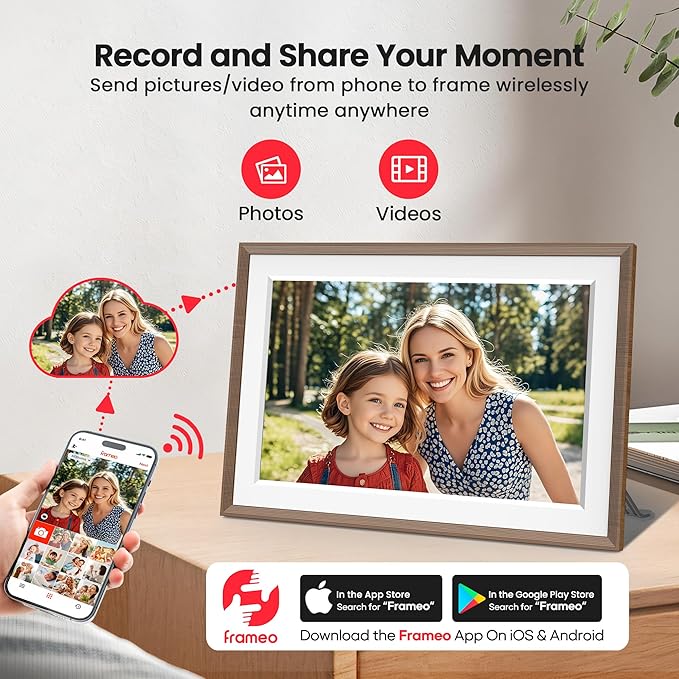 Frameo 10.1" Digital Picture Frame, Smart WiFi Digital Photo Frame with 1280x800 HD IPS Touch Screen 32GB Memory Auto-Rotate Wall Mounted, Share Photos/Videos Remotely(Brown Wood&White)