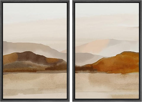 MUDECOR Framed Canvas Print Wall Art Pastel Brown Mountain Range Ocean Lake Wilderness Nature Illustrations Modern Art Decorative Calm/Relax Multicolor Rustic Minimal for Bedroom - 16"x24"x2 Black
