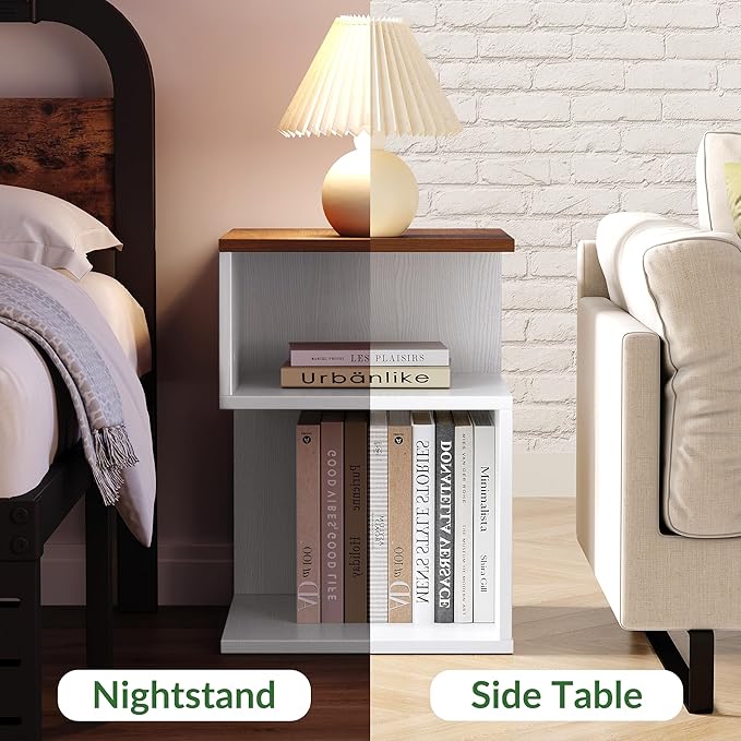 Tokyo S Flip Minimalist 3 Tier End Table - Minimalist 3-Tier Wood Nightstand for Small Spaces with Open Storage - Japanese-Inspired Bedside Table for Bedroom (Reverse, Walnut&White)