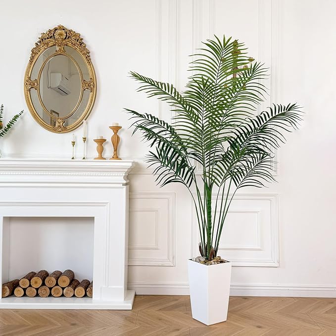 Bellacat UV Resistant 6ft Faux Palm Tree with Tall White Decorative Planter, 72in Artificial Palm Tree with Realistic Leaves & Branches, Fake Palm Tree for Home Office Porch Front Door Patio Decor.