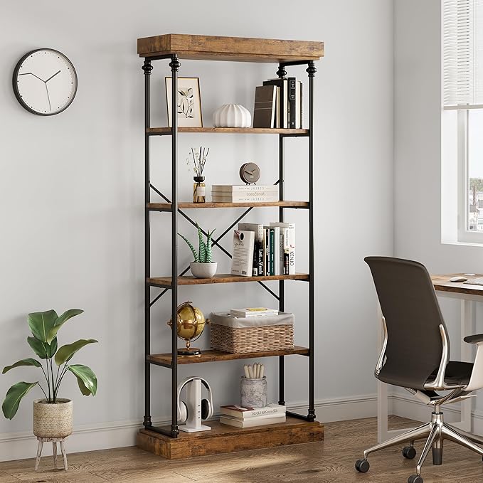 IDEALHOUSE Industrial Bookshelf Wood Bookcase 6 Tier Storage Open Rack Shelf Metal Frame Rustic Tall Standing Bookshelves Large Vintage Display Rack for Bedroom,Living Room and Home Office