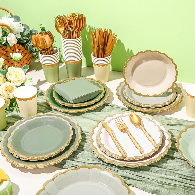 169 Pcs Sage Green Plates and Napkins Party Supplies for Guests Sage Green Tableware Include Scalloped Plates Paper Napkin Cup Spoon Fork Knife for Baby Shower, Wedding, Birthday