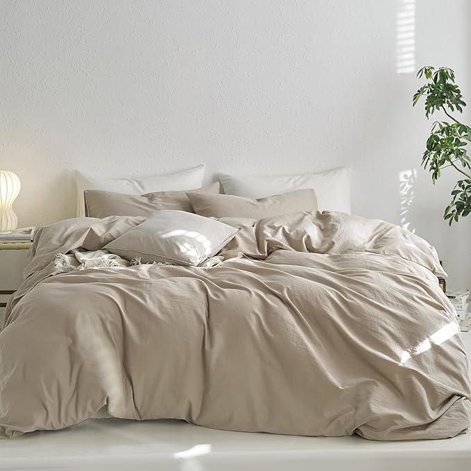 MooMee Twin Duvet Cover Set, 100% Washed Cotton Linen Like Twill Thick Sturdy Material Super Soft Breathable Durable Bedding for All Season, 2 Pieces (Tannish Linen LikeGrey, Twin 68"x90")