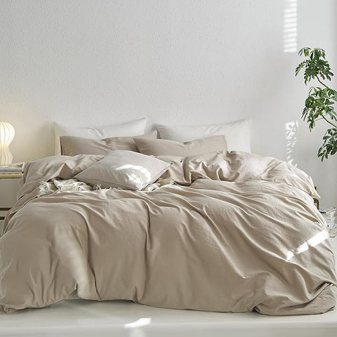 MooMee Twin Duvet Cover Set, 100% Washed Cotton Linen Like Twill Thick Sturdy Material Super Soft Breathable Durable Bedding for All Season, 2 Pieces (Tannish Linen LikeGrey, Twin 68"x90")