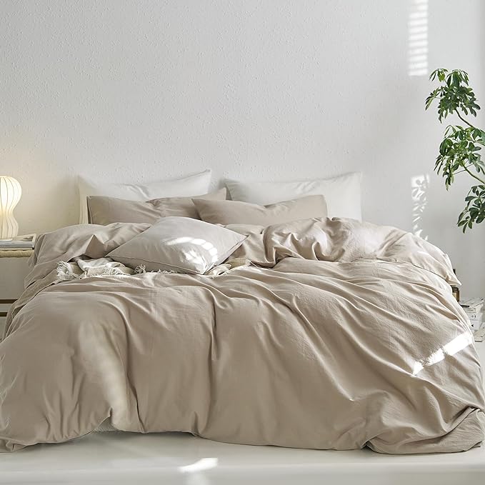 MooMee Queen Duvet Cover Set, 100% Washed Cotton Linen Like Twill Thick Sturdy Material Super Soft Breathable Durable Bedding for All Season, 3 Pieces (Tannish Linen LikeGrey, Queen 90"x90")