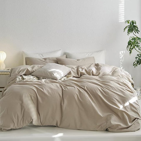 MooMee Queen Duvet Cover Set, 100% Washed Cotton Linen Like Twill Thick Sturdy Material Super Soft Breathable Durable Bedding for All Season, 3 Pieces (Tannish Linen LikeGrey, Queen 90"x90")