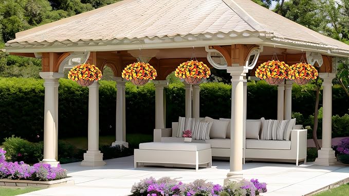 Fall Artificial Hanging Flowers with 12" Basket for Outdoor Decor, Fake Hydrangea UV Resistant Arrangements in Pot Planter Decor for Autumn Porch Garden Yard(OrangeYellow)