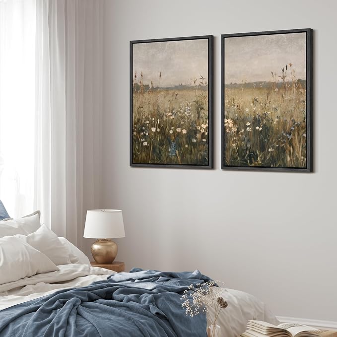 MUDECOR Framed Canvas Print Wall Art Set Golden Meadow Wildflowers Rustic Floral Field Landscape Illustrations Modern Art Decorative Bohemian Zen for Living Room, Bedroom, Office - 16"x24"x2 Black