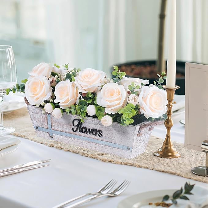 Centerpiece Table Decorations Rustic Wood Tray with 3 Artificial Champagne Rose Flowers and Fake Eucalyptus for Dining Room Farmhouse Living Room Kitchen and Coffee Table Décor