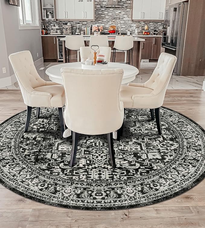vivorug Round Rug 6ft Vintage-Inspired Round Area Rug Non-Slip Indoor Carpet for Living Room Bedroom Entryway, Stain Resistant Home Decor Circle Rug, Black and White