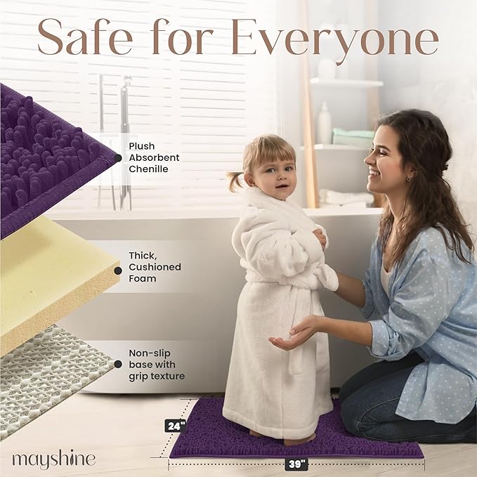 MAYSHINE Plush Shaggy Chenille Bath Mat | Extra Soft, Super Absorbent, Non-Slip Bathroom Rug | Fluffy Microfiber, Area Rug Sets for Bathroom Floor, Kitchen, Living Room | 39"x24" | Plum