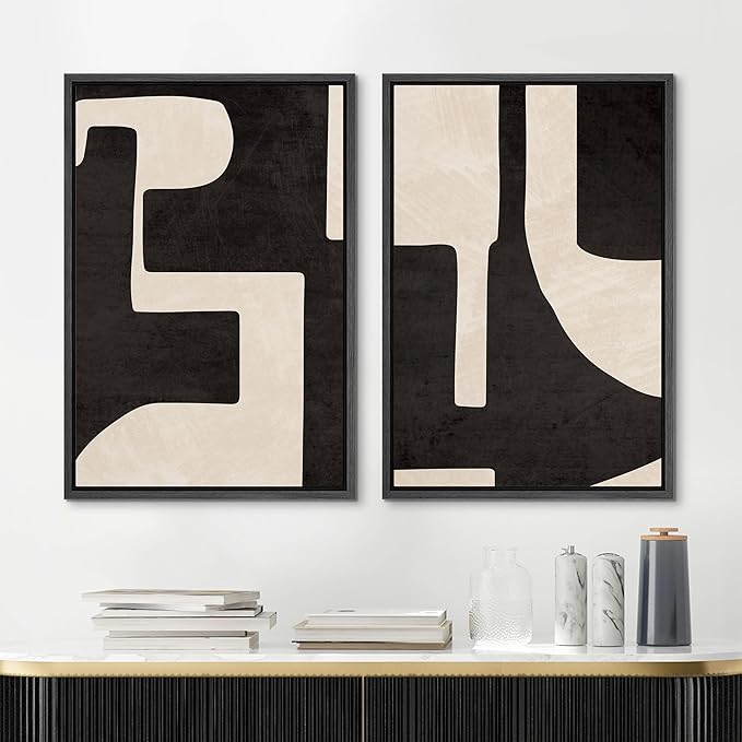 MUDECOR Framed Canvas Print Wall Art Black & White Geometric Paint Stroke Decor Abstract Nature Illustration Modern Art Decorative Multicolor Geometric Minimal for Bedroom - 24"x36"x2 Black