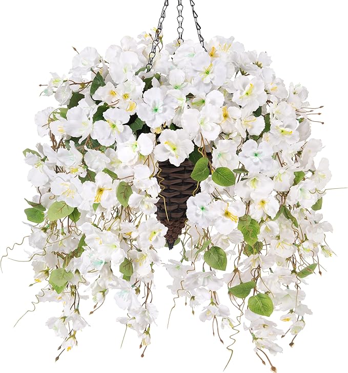 Ivydale Artificial Hanging Flowers Baskets Fake Plants for Outdoors Summer Decoration, Faux Hibiscus UV Resistance Realistic Silk Flowers for Outside Home Patio Porch Balcony Garden Wedding, White