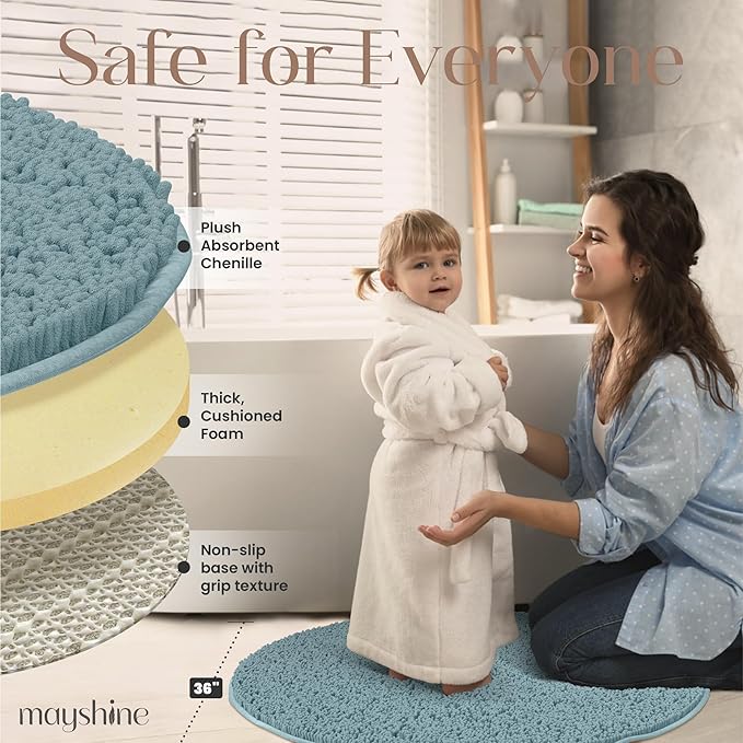 MAYSHINE Round Area Rug Set for Bathroom | Soft Plush Chenille Bath Mat, Water Absorbent Non-Slip Bathroom Rug | Washable Shag Carpet for Shower, Bedroom, or Home Décor | 36"x36" (Round) | Spa Blue