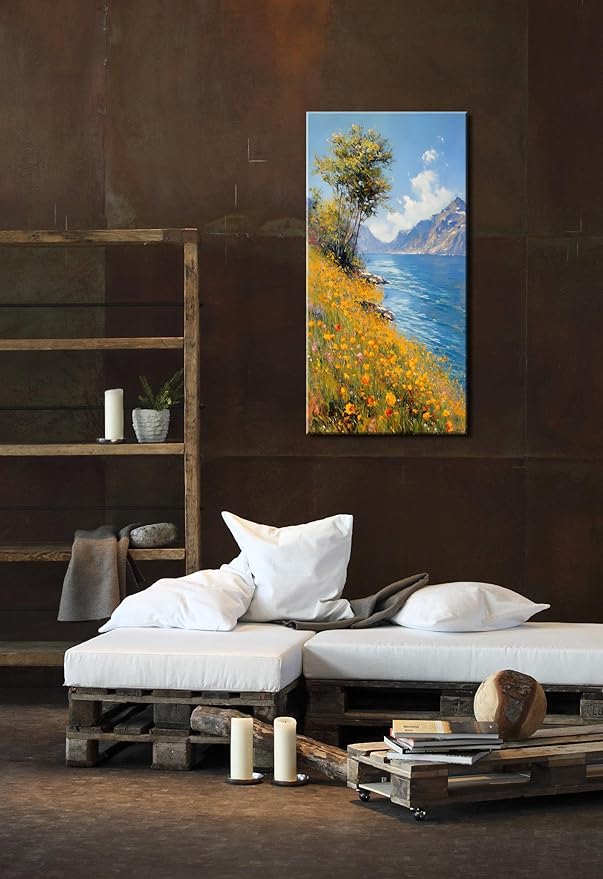 Vertical Landscape of Wild Flowers and Green Trees on The Lakeside Wall Art Decor Artwork for Bedroom (24x48 Inches)