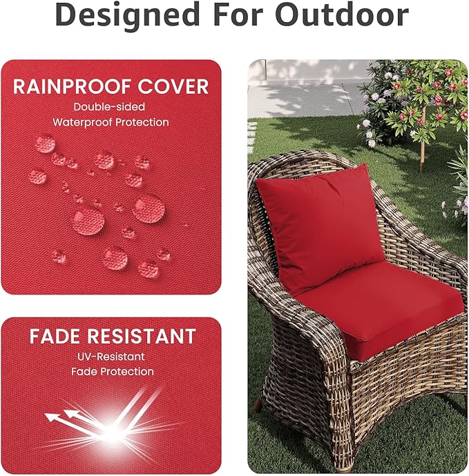 Outdoor Chair Cushions 24 x 24 x 4 Inch, Waterproof & Fade Resistant Patio Seat Cushion for Furniture with Handle and Ties, Thick Seating Pads for Outside Sofa Couch Set of 2, Red