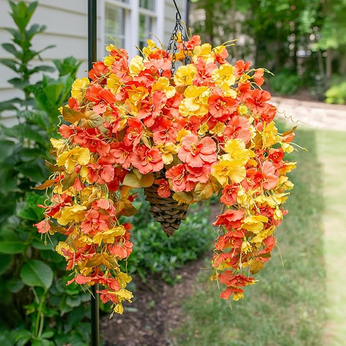 Ivydale Artificial Hanging Flowers with Basket for Outdoor Fall Decoration, Fake Hibiscus Vines Faux Plants Realistic Silk Flowers for Planters Outside Home Patio Porch Balcony, Fall YellowOrange