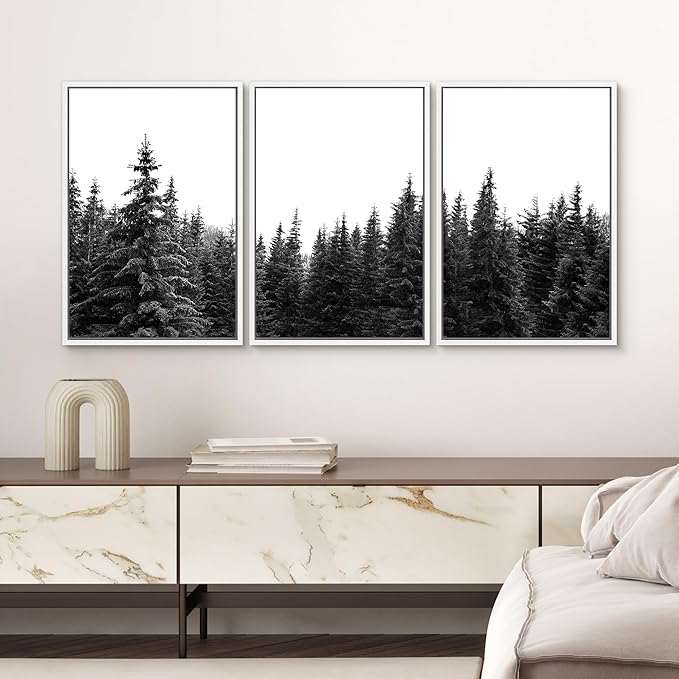 SIGNWIN 3 Piece Framed Canvas Wall Art Woodland Nursery Decor Black and White Forest Photo Nature Illustrations Abstract Traditional Home Artwork Decoration for Living Room,Bedroom - 16"x24"x3 White