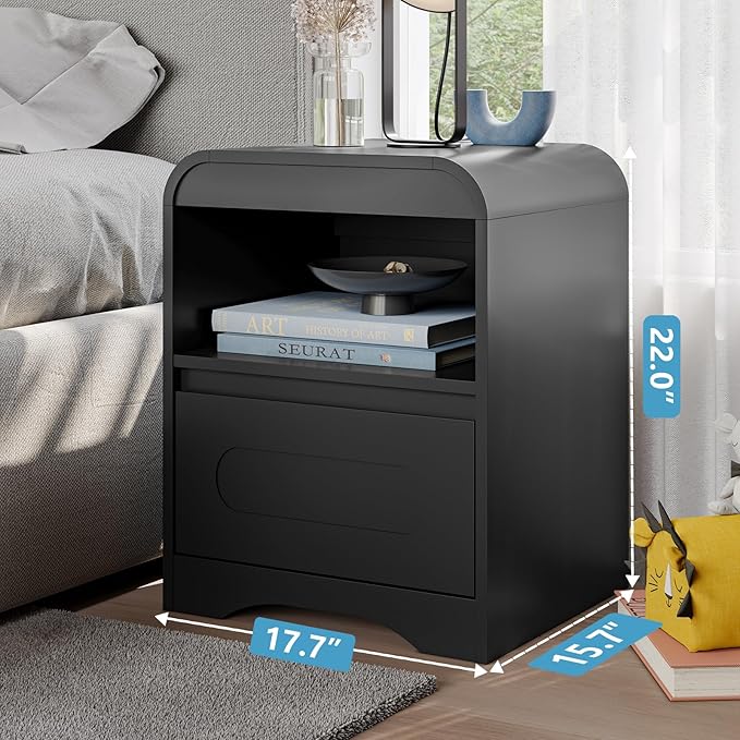Night Stand Nightstand with Drawer Storage Curved Bed Side Table End Table Large Modern Wide Bedside Stand Tall Night Stands for Bedroom Living Room Sofa Couch Home Office, Black