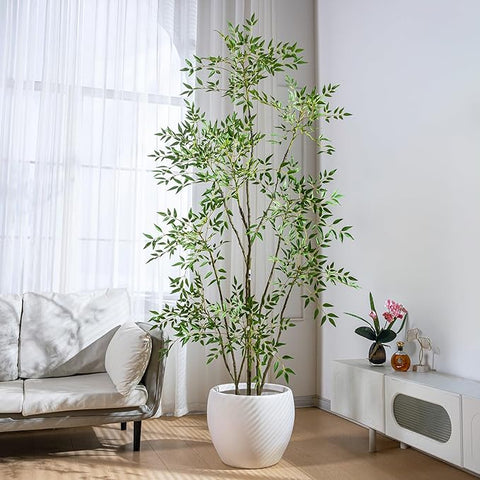 7.2ft Faux Bamboo Tree Artificial Nandina Tree Artificial Indoor Plants Realistic Fake Potted Tree with 800+ Leaves, Cement Planter - Home Office Decor Perfect for Housewarming Gift Non-Toxic