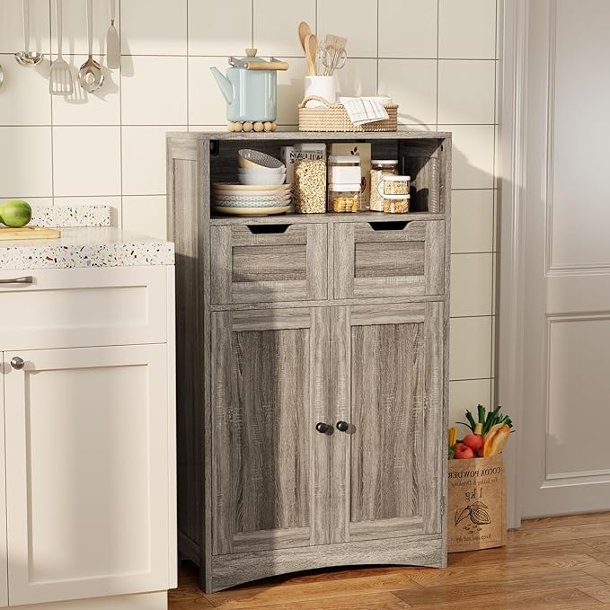 Gizoon Storage Cabinet, Bathroom Cabinet with 2 Drawers and Adjustable Shelves, Freestanding Storage Organizer with Doors for Bathroom, Living Room, Kitchen, Home Office, Hallway