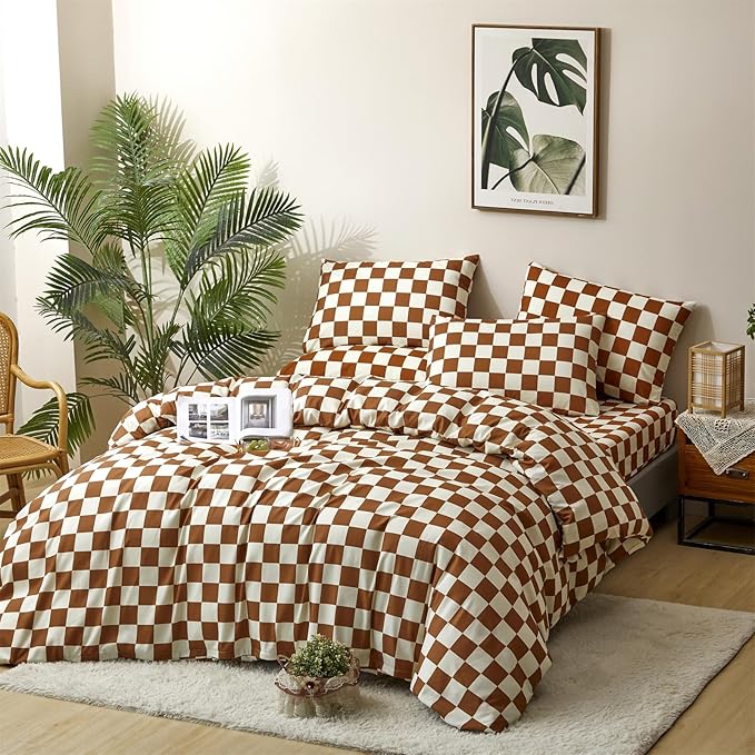 CLOTHKNOW Plaid King Size Comforter Set Brown Beige Bedding Comforter Sets Soft All Season Checker Caramel Comforter with 2 x Pillowcases